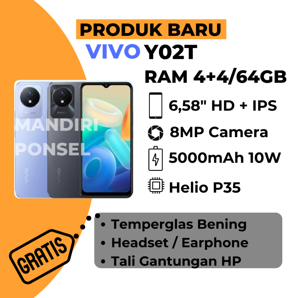 VIVO Y02T RAM 8GB (4+4 EXTEND /64GB) GRATIS HEADSET,TEMPERGLAS,dan TALI GANTUNGAN HP