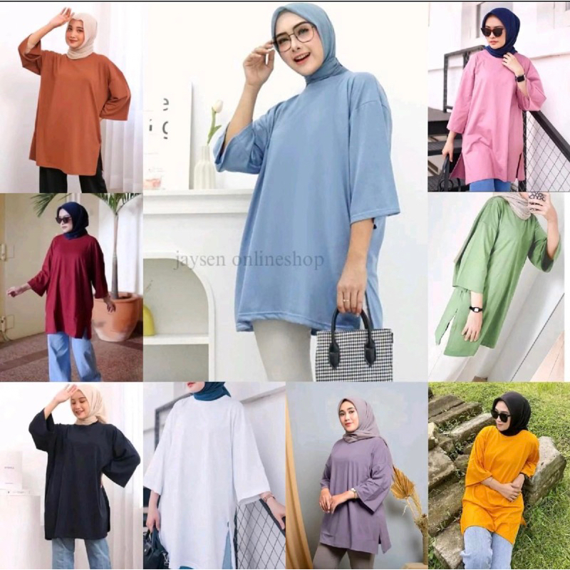 	 Jaysen onlineshop- Atasan Kaos Oversize Viral jumbo ld130cm-140cm /kaos oversize basic lengan 7/8 / basic top /kaos oversize slit daily top jumbo / kaos oversize hijab friendly / atasan wanita oversize ootd /atasan tshirt basic	