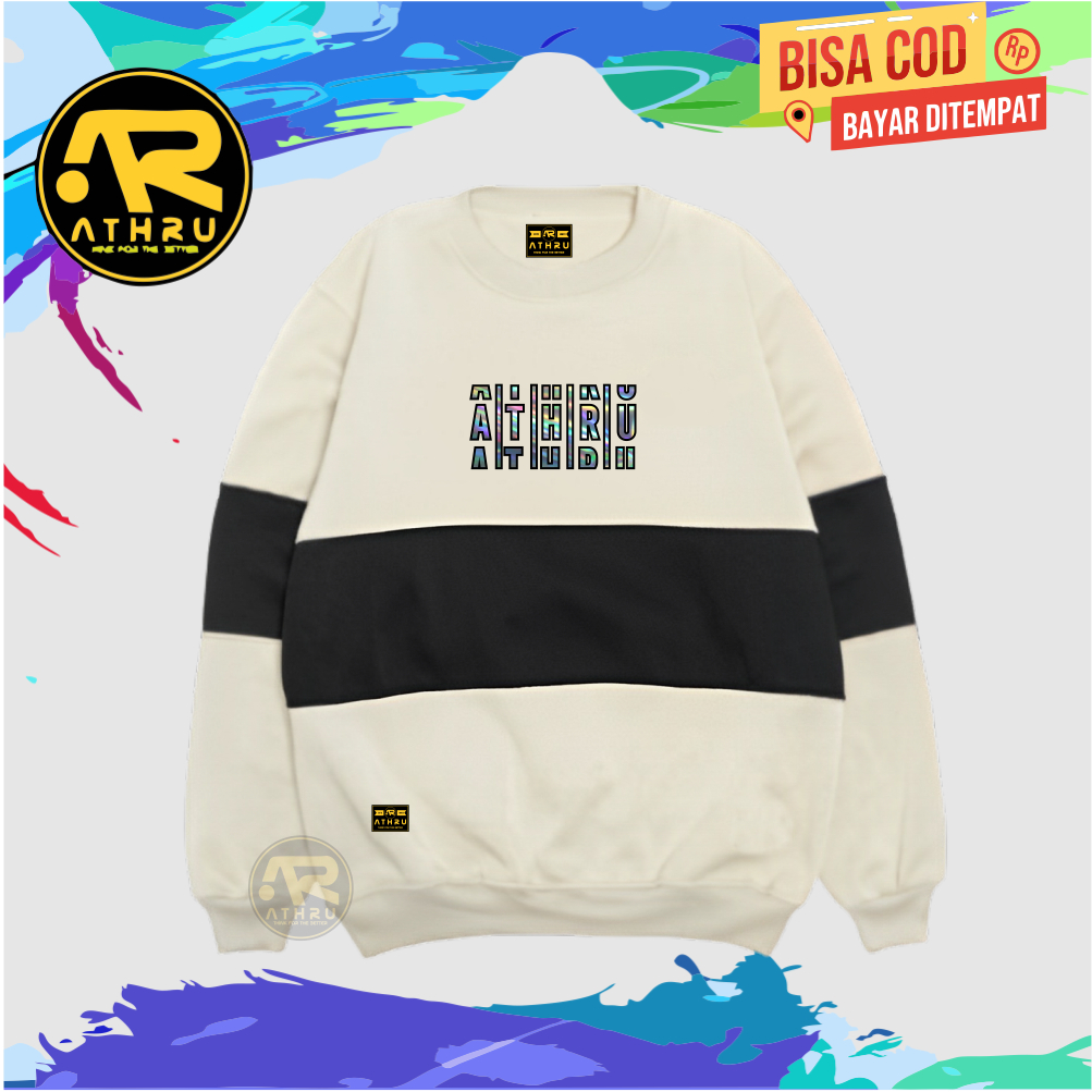 Sweater Crewneck Kombinasi Pria Wanita Warna Cream Lis Hitam Sablon Athru Foil Switer Krunek Cowok