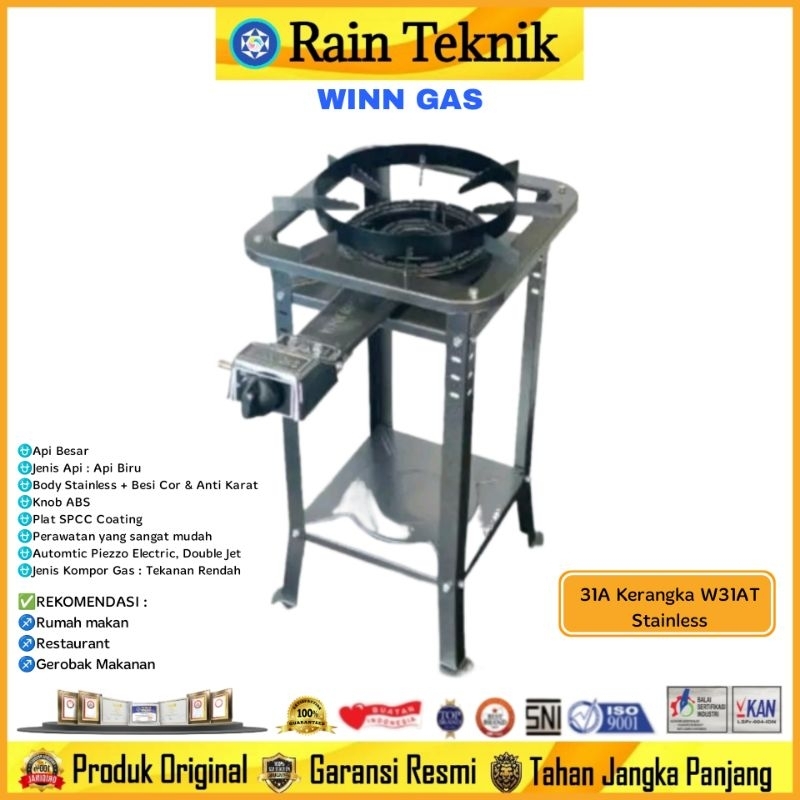 Kompor Gas Komersil 1 Tungku Winn Gas 31-A dengan KERANGKA W31AT Stainless Tekanan Rendah Api Besar 