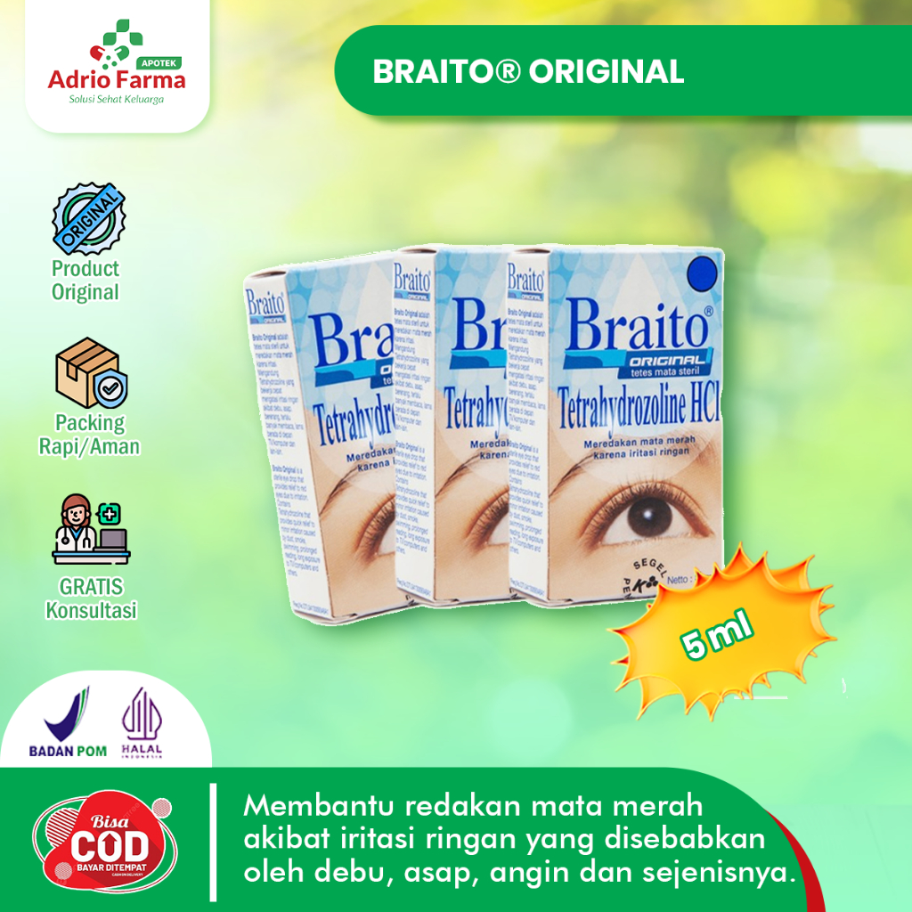 BRAITO - ORIGINAL TETES MATA Botol @ 5ml - Meringankan Kemerahan & Iritasi Pada Mata - Tetes Mata Pe