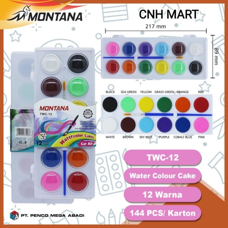 

Montana Water Color 12 Warna - Cat Air Montana TCC- 12 - Water Color Cakes Dus Plastik Harga 1 Pak