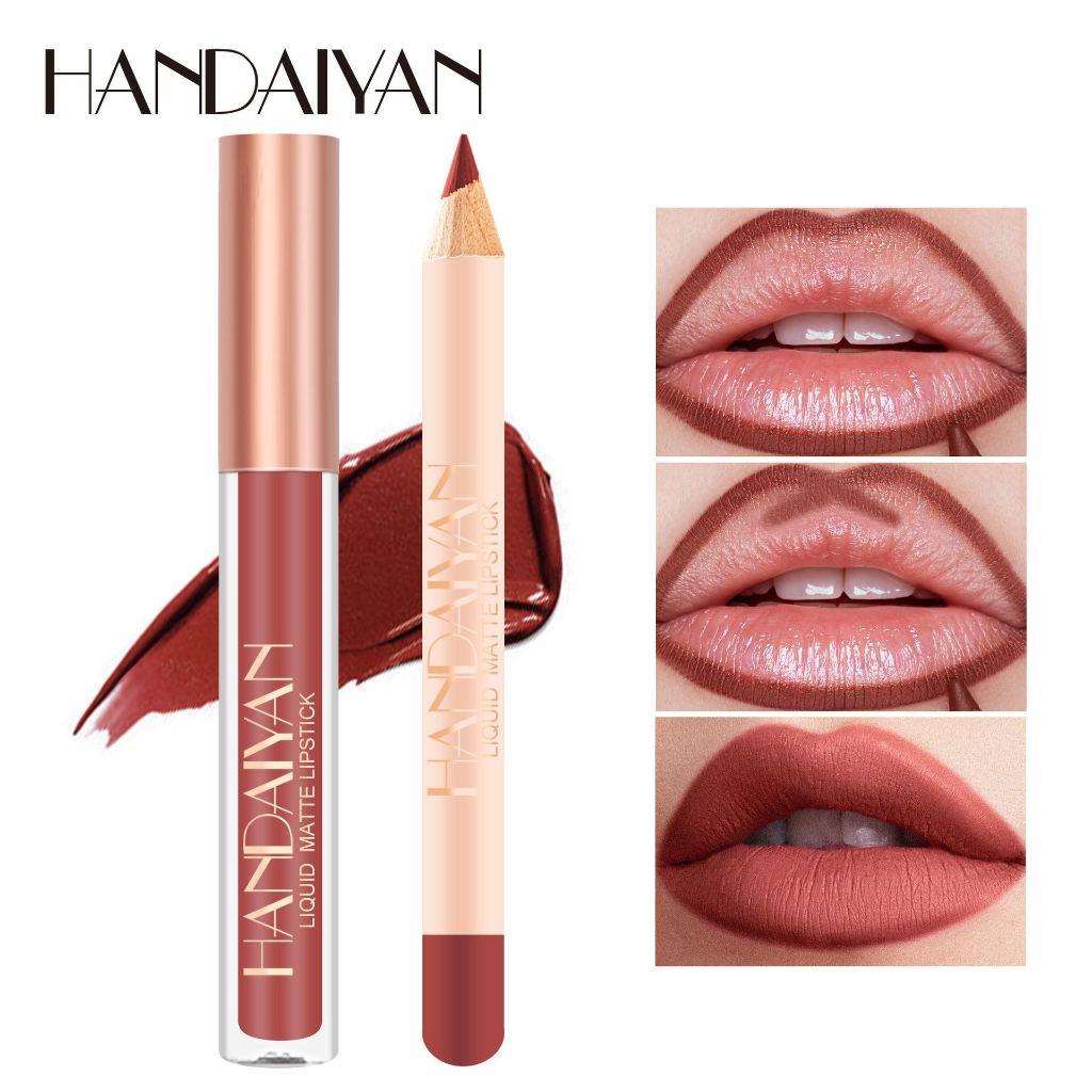 【COD】HANDAIYAN Non-stick cup lip gloss lip liner combination set matte lipstick velvet lip liner liq