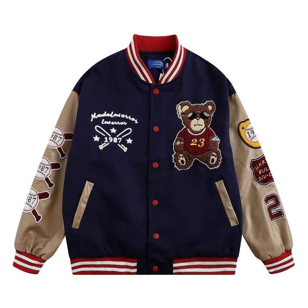 JAKET VARSITY WANITA OVERSIZE - BEAR EMBRIODERY BASEBALL JACKET - STREET KOREAN STYLE TERBARU