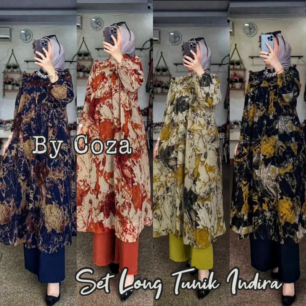 Setelan Long Tunik Nadira Motif Marmer Bahan Syakila Twill Celana Cringkel