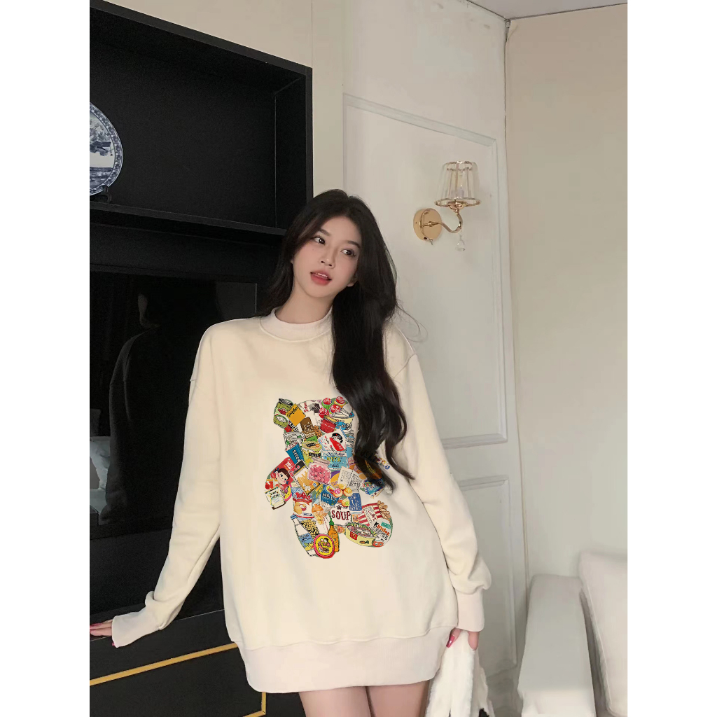 Sweater Beruang Yang Disambung Retro Casual Lengan Panjang Korean Style Switer Wanita