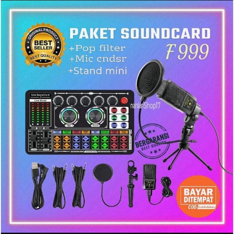 SOUNDCARD F999 + MIC MICROPHONE CONDENSER NHL PAKET LENGKAP FUL AUDIO USB MIXER  BLUETOOTH MIX FOR A