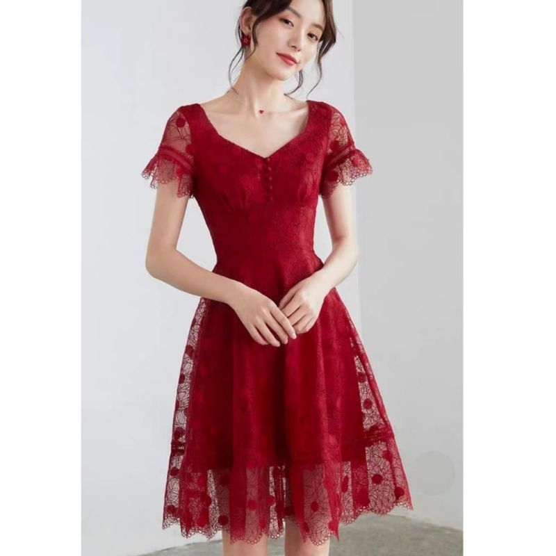 0980 Baju minidress FLARE RENDA MINI DRESS VNECK MERAH dres Korea Korean style wanita premium import