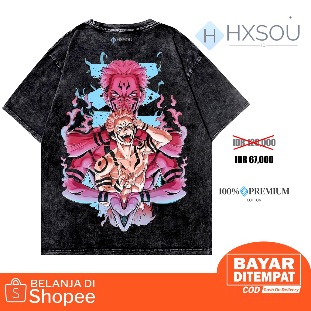 Hxsou Oversize T-shirt Unisex Washed Sukuna Jujutsu Kaisen / Baju Kaos Oversize Wash C86