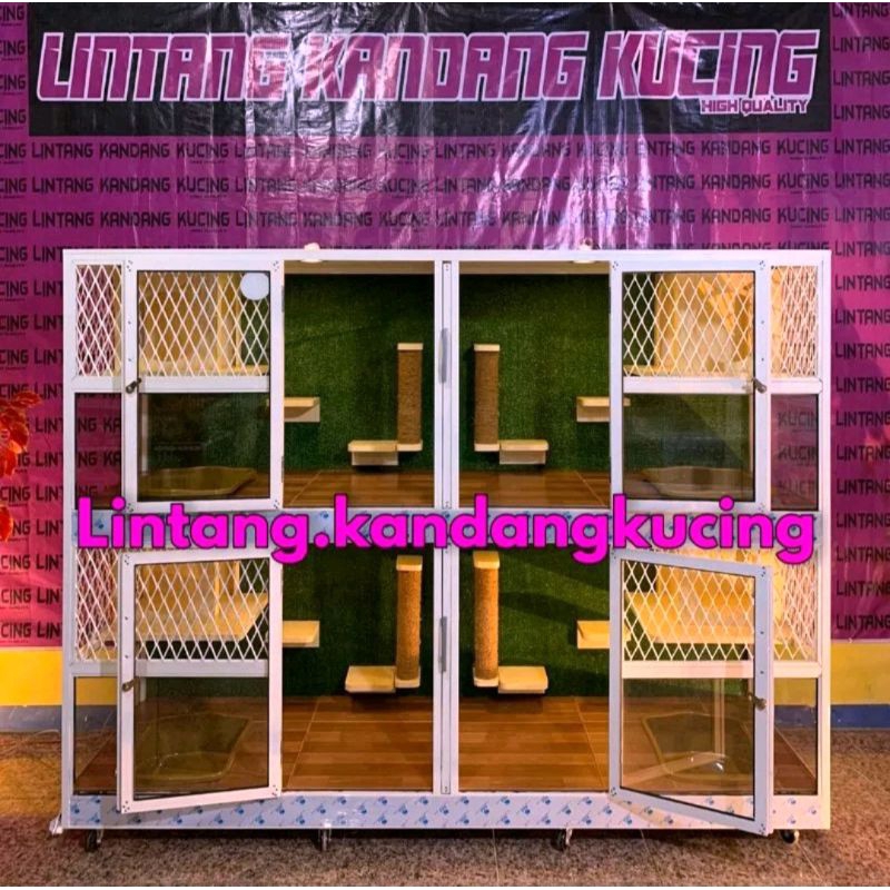 kandang rumah kucing aluminium tingkat 4 kamar bahan alumunium warna putih full playground lampu dan