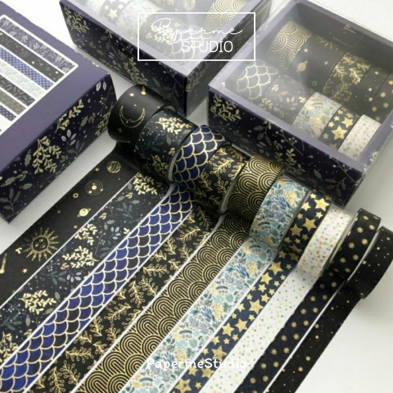 WASHI TAPE - Sticker Washi tape Mix and Match Navy Black Midnight masking tape roll motif daun binta