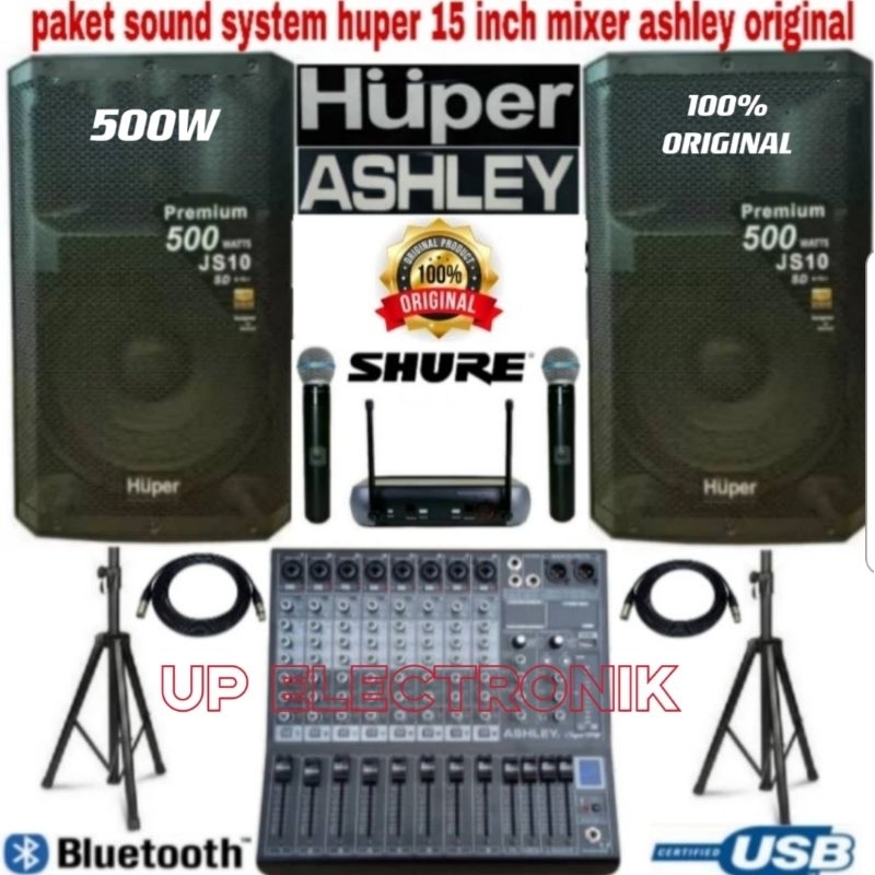 Paket Sound System Speaker Aktif 15 Inch Outdoor/Indoor Huper JS10+Mixer Ashley Lengkap
