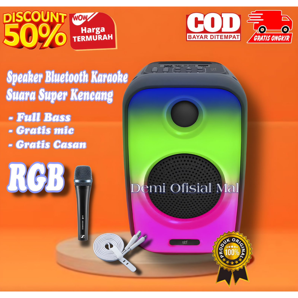 Speaker Bluetooth Lampu RGB Karaoke Portable Gratis Mic Full Bass / Spiker Box Music Wireless