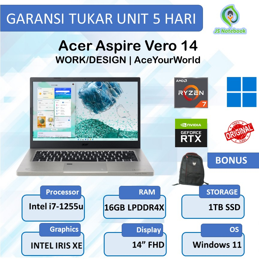 Laptop Acer Aspire Vero AV14 Intel Core i7-1255u 16GB 1TB SSD Win11