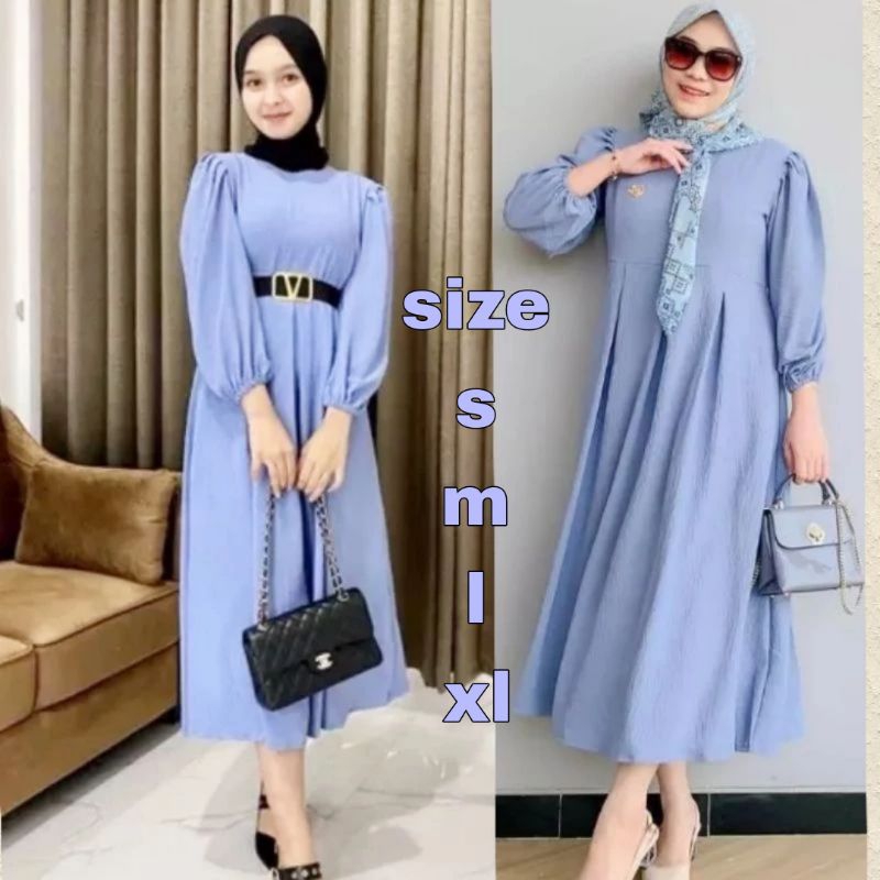 baju midi dress mat crincle airflow/baju gamis dress midi terbaru baju midi remaja kekinian  size s 
