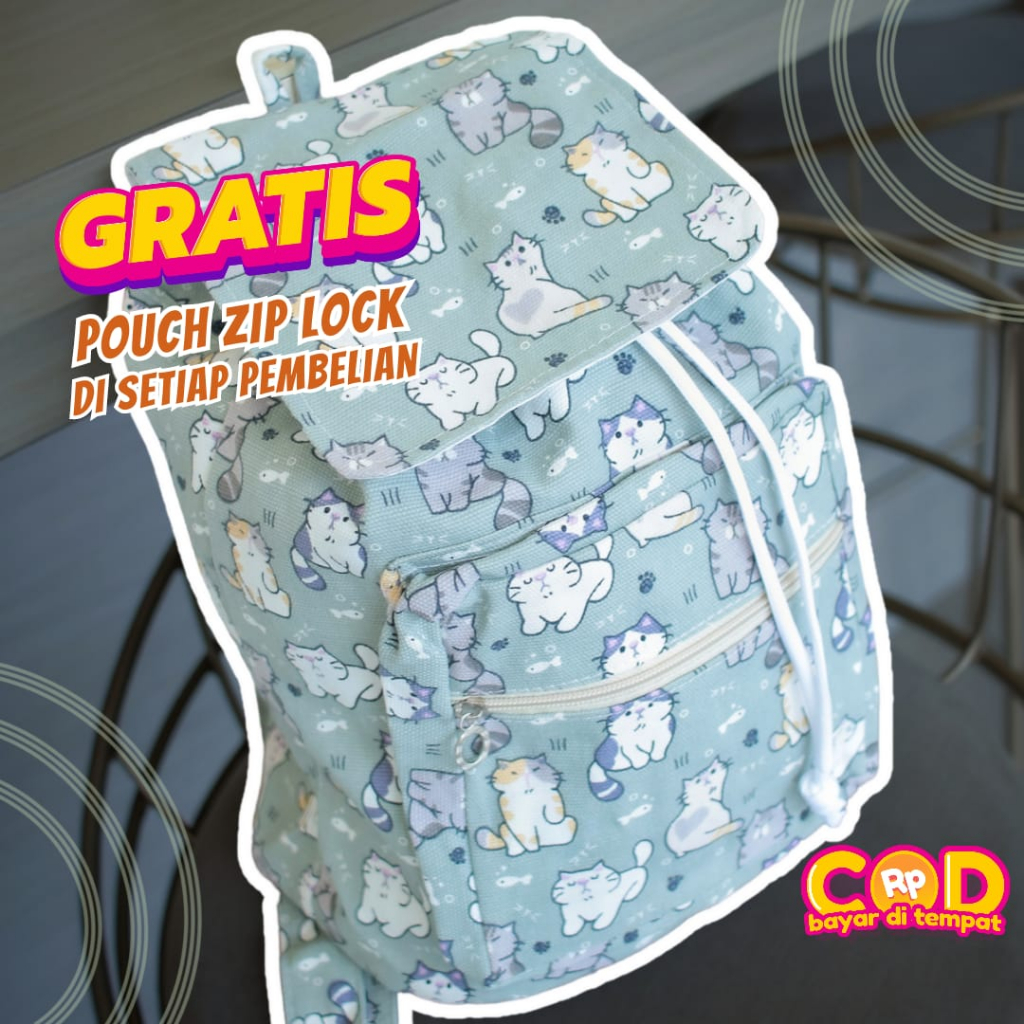 RANSEL SERUT KUCING HIJAU SAGE // taskanvasbdg - tas kanvas fashion - tas ransel wanita sage green -