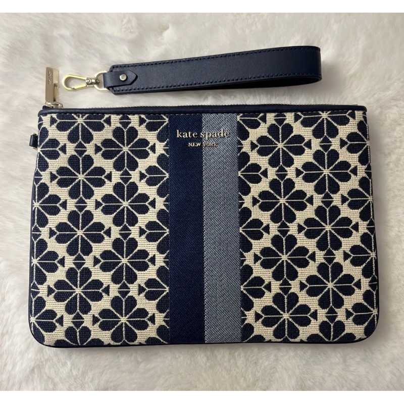 Kate Spade spade flower jacquard stripe pouch wristlet Blue Multi