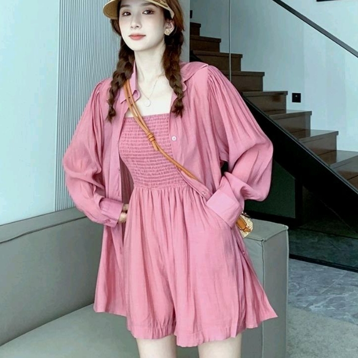 5845 Set2PCS Setelan ONESET FEDORRA atasan kemeja Shirt set smocked tanktop Romper jumpsuit pendek K