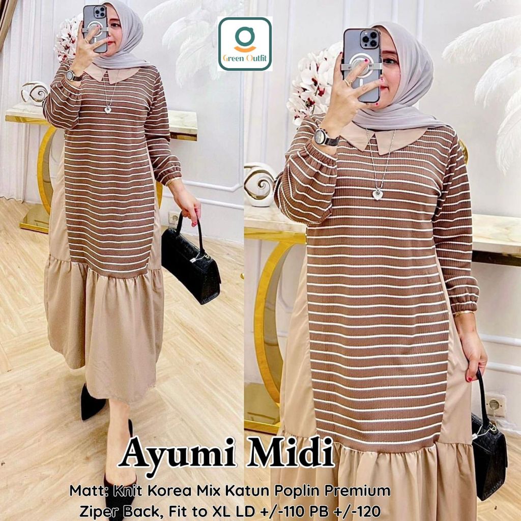 ayumi dress dres midi panjang selutut pakaian baju gamis mayung rajut motif garis jumbo ld 110 big s
