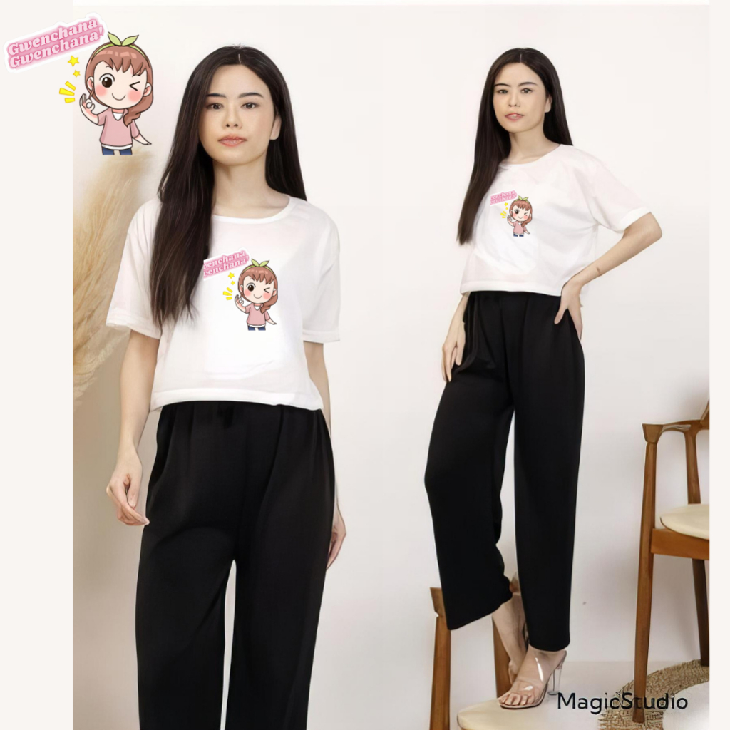 JBF Baju Setelan Wanita Atasan Crop Top Dan Celana Kulot Korean Style Gwenchana
