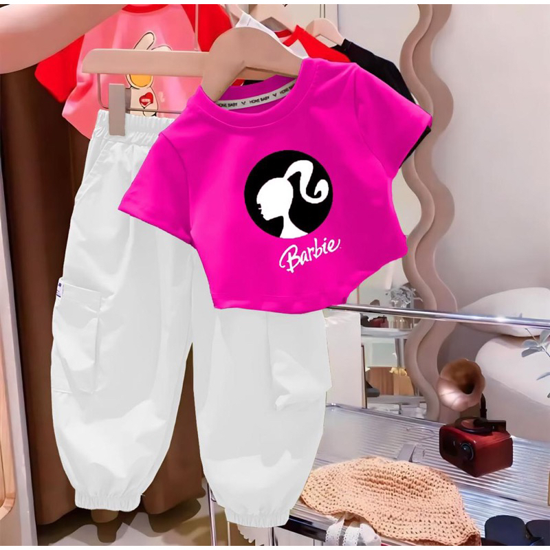 Promo  Setelan Anak Kaos Anak Dan Celana Panjang Anak Model Cargo Barbie 1-5 Tahun