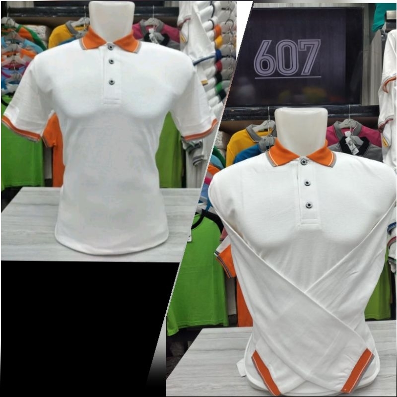 kaos kerah polo premium putih k.orange merk 607 pratama