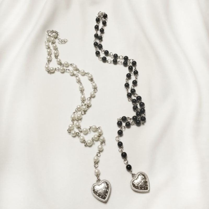 Kalung Mutiara Panjang Liontin Hati, Aksesoris Gothic Grunge Fairycore