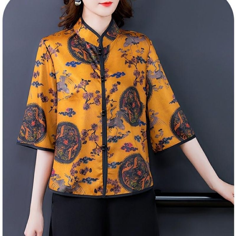 0008 Baju atasan blouse CNY HAPPINESS CHEONGSAM tosca kuning merah Korea Korean style wanita premium