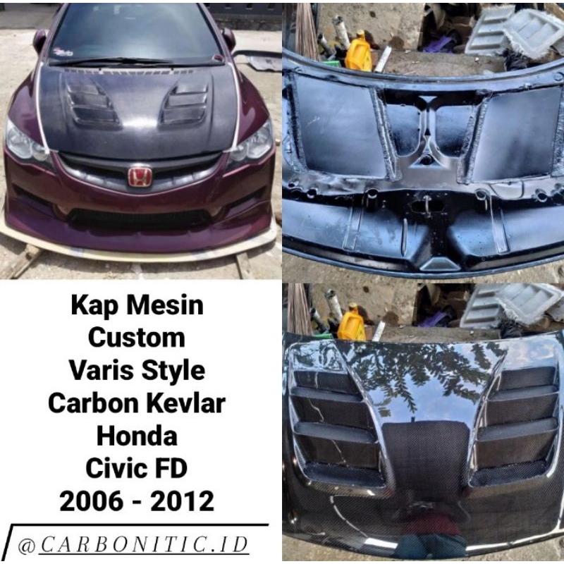 Kap Mesin Custom Varis Style Honda Civic Fd 2006 - 2012 Carbon Kevlar Asli