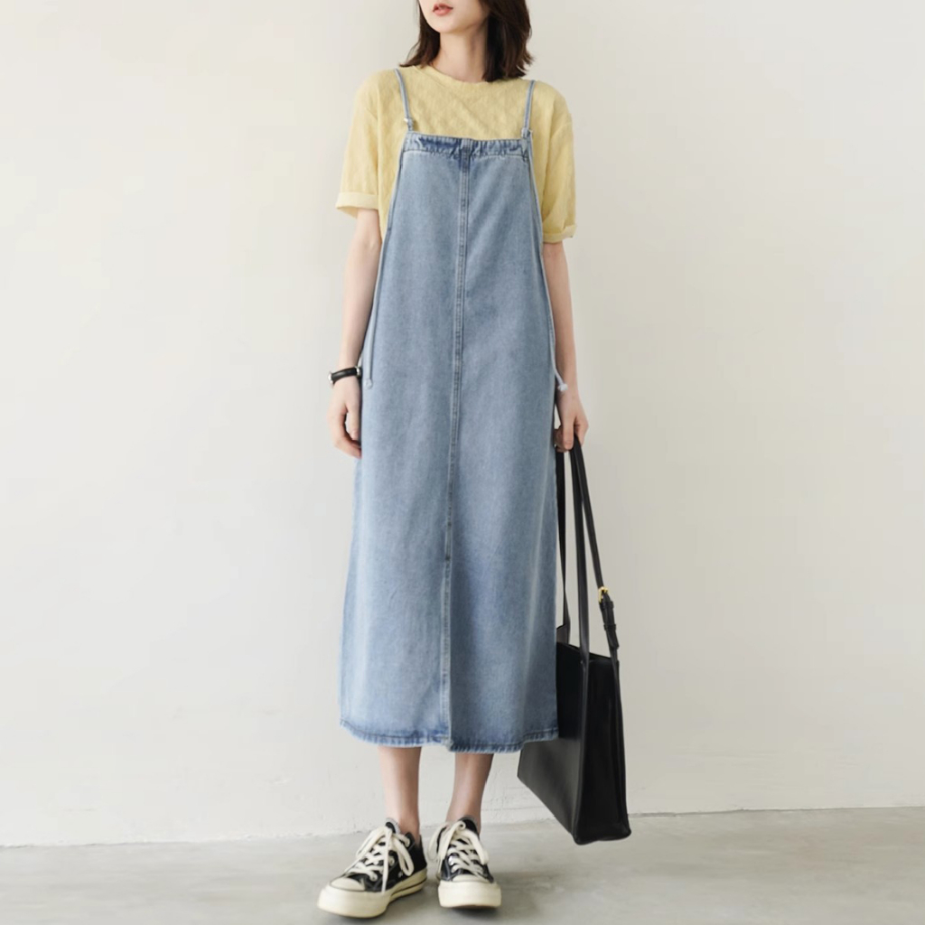 < elegan.girl > jumpsuit dress wanita korean style overall dress jeans midi long skirt rok denim pan