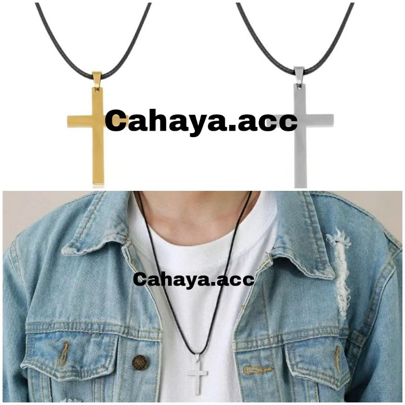 Kalung Tali Liontin Salib Flat Titanium Silver Pria Wanita Kalung Simple Kalung Keren