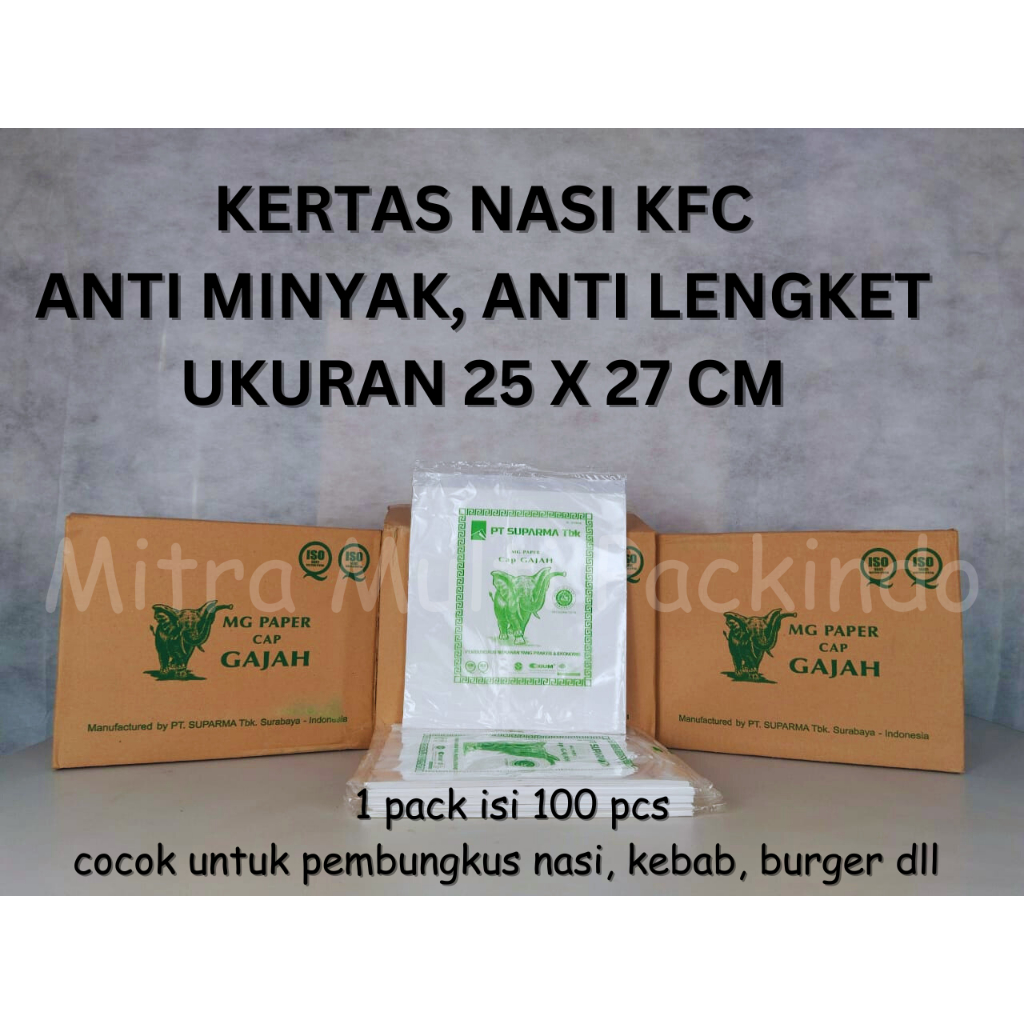 (ISI 10 ) Kertas Nasi KFC cap Gajah 25 x 27 cm 100 lembar / Kertas MCD / Kertas Burger/ Kertas Kebab