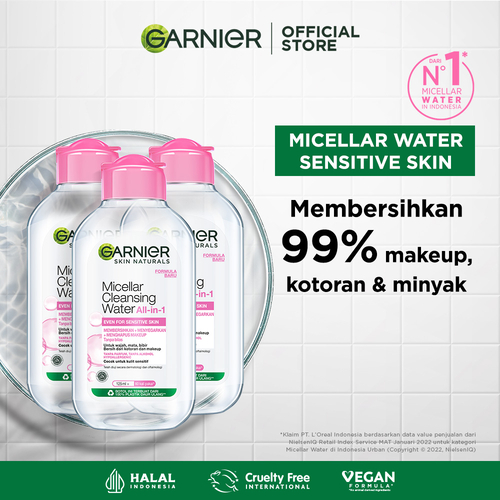 Foto (PAKET HEMAT ISI 3) Garnier Micellar Cleansing Water Pink Skin Care - 125ml (Pembersih Wajah & Makeup Untuk Kulit Sensitif) - Make Up Remover