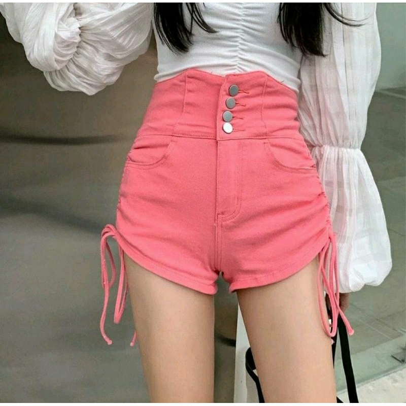 High Waist Hot Pants Pink Soft Denim Jeans Korean Style Serut