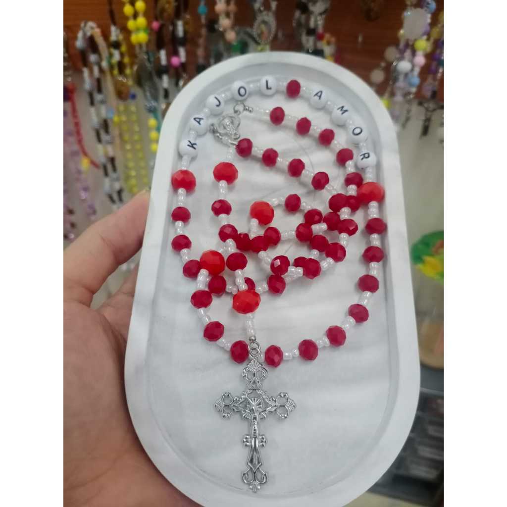 Rosario Baru Chrystal Ceko Merah Beads Putih Liontin Salib