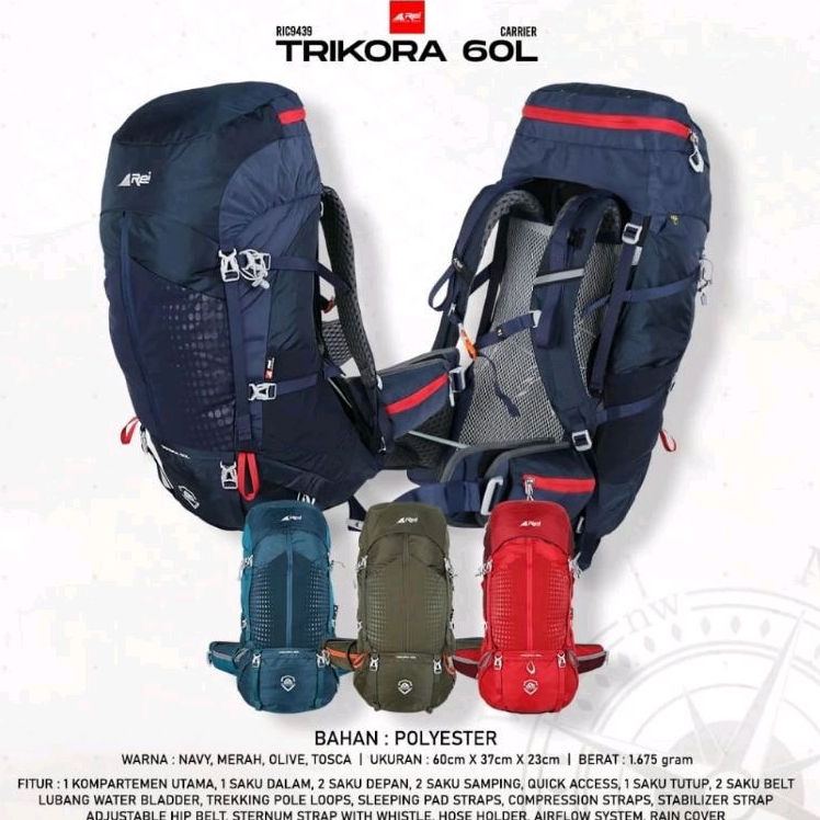 Tas Carrier Rei Trikora 60L+Raincover Original