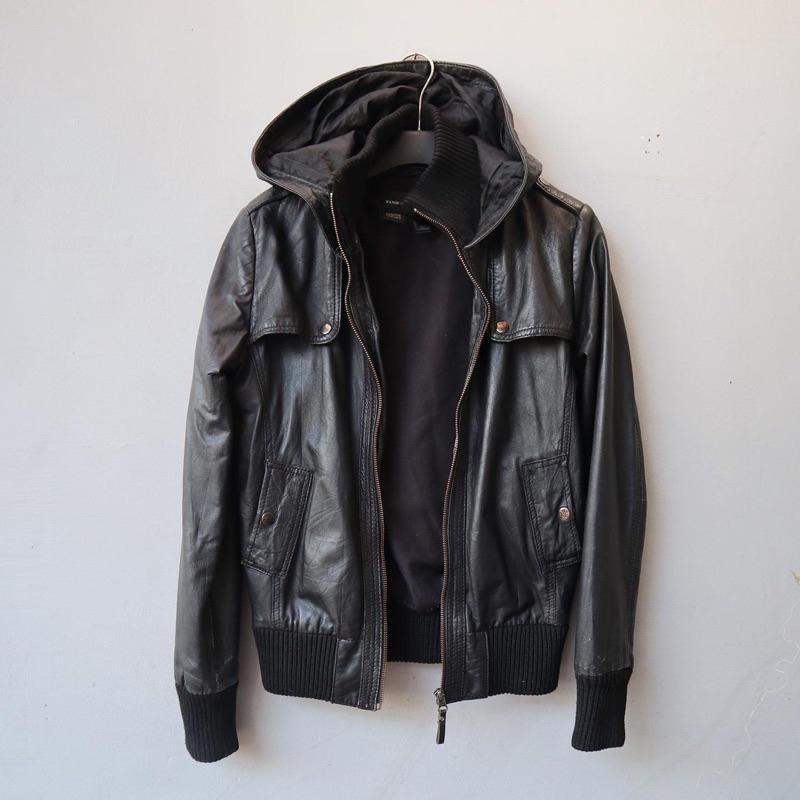 MANGO Jaket kulit asli hoodie hudi topi outer Pl bekas preloved second