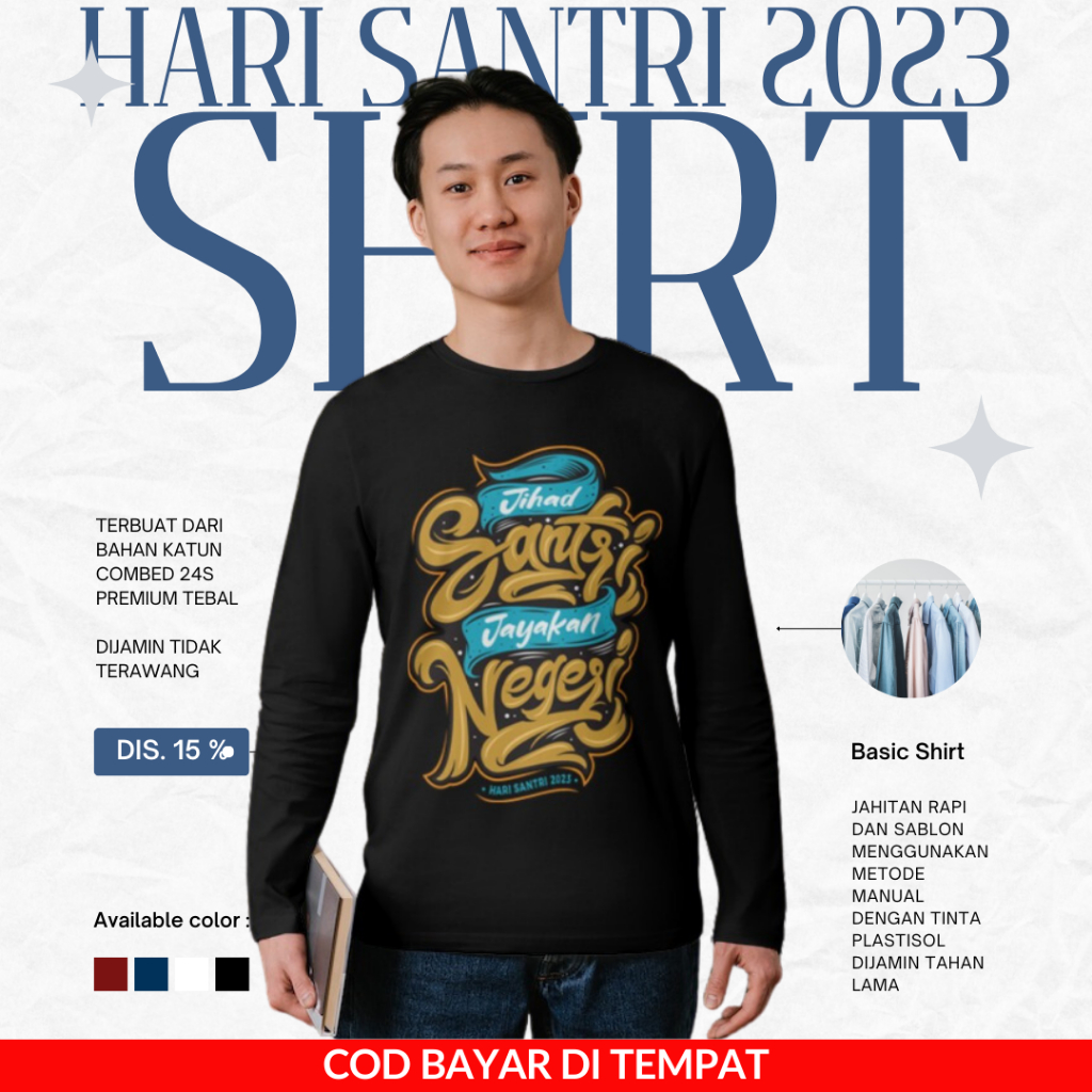 Kaos Distro Hari Santri Nasional HSN Nusantara 2023 Lengan Panjang Dekengan Pusat Putra Putri Katun 