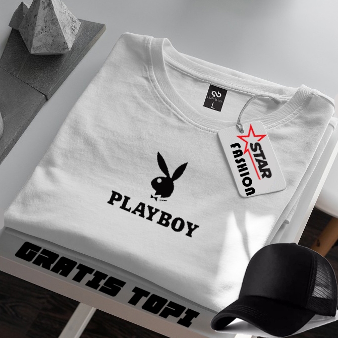 Bonus Topi Polos  Kaos Pria & Wanita Lengan Pendek Play Boy Hitam / Baju Kaos Distro Cotton Combed P