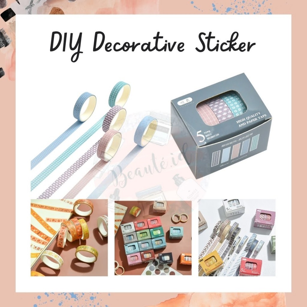 

1 PACK isi 5 Roll Sticker Dekorasi DIY Lucu Unik Minimalis Sticker Kertas Jepang Selotip Isolasi Untuk Dekorasi Buku Catatan DIY Decorative Sticker Tape Souvenir