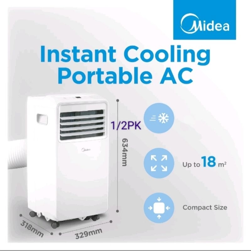 Midea AC Portable  AIr Conditioner kapasitas 1/2PK  MPHA-05CRN7 Air Conditioner 0,5 pk Pendingin Ruangan 3x3meter utk kota cirebon saja