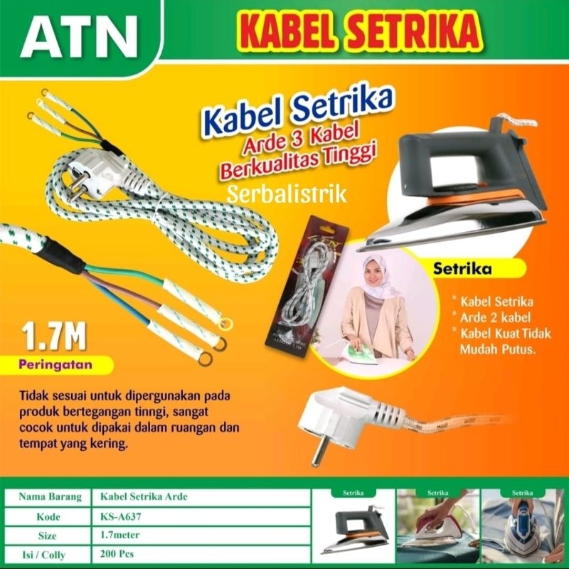 Kabel setrika steker arde isi 3 dan isi 2 1,7M Merk ATN/ Kabel gosokan arde isi 3 dan 2 kabel