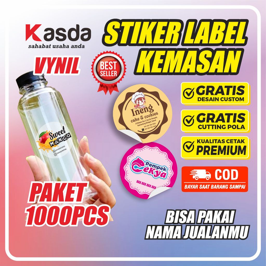 

STIKER LABEL KEMASAN PAKET 1000PCS CETAK PLUS CUTTING BAHAN VINYL SUSU/TRANSPARAN