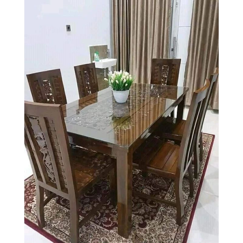 Meja makan kepang kursi 6+kaca+busa