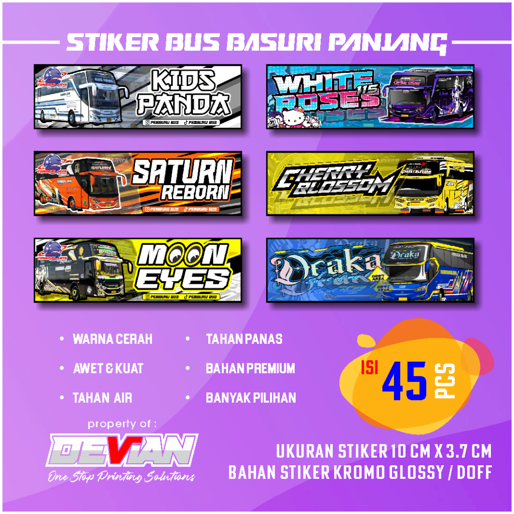 isi 45 stiker BUS BASURI memanjang ( kids panda saturn reborn mooneyes white roses cherry blossom dr