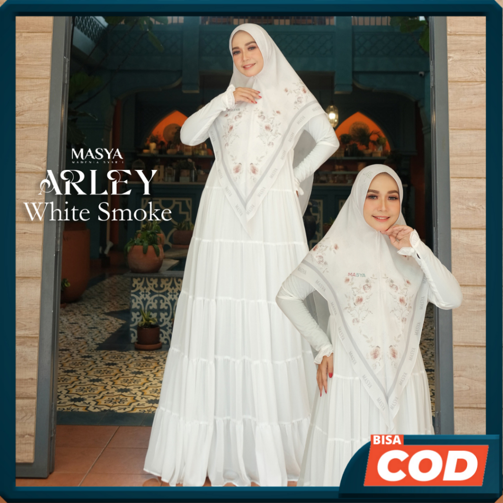 Set Gamis Dress Ceruty Babydoll Printing Premium Syari Warna Putih Broken White Mewah Masya Syari Or