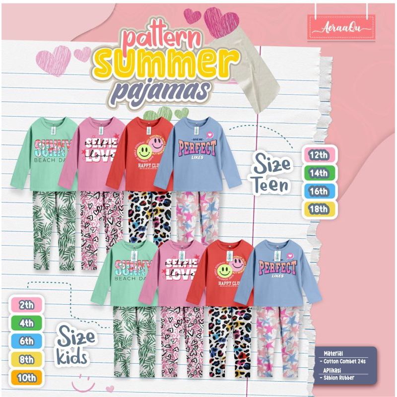 Baju Tidur anak dan remaja 2-18Th/Pattern Summer Pajamas by Aeraaqu/Baju tidur anak perempuan lengan