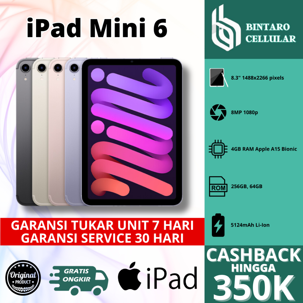 iPad Mini 6 256GB 64GB Second Like New Wifi Only Wifi Cell Grey Pink Purple Starlight