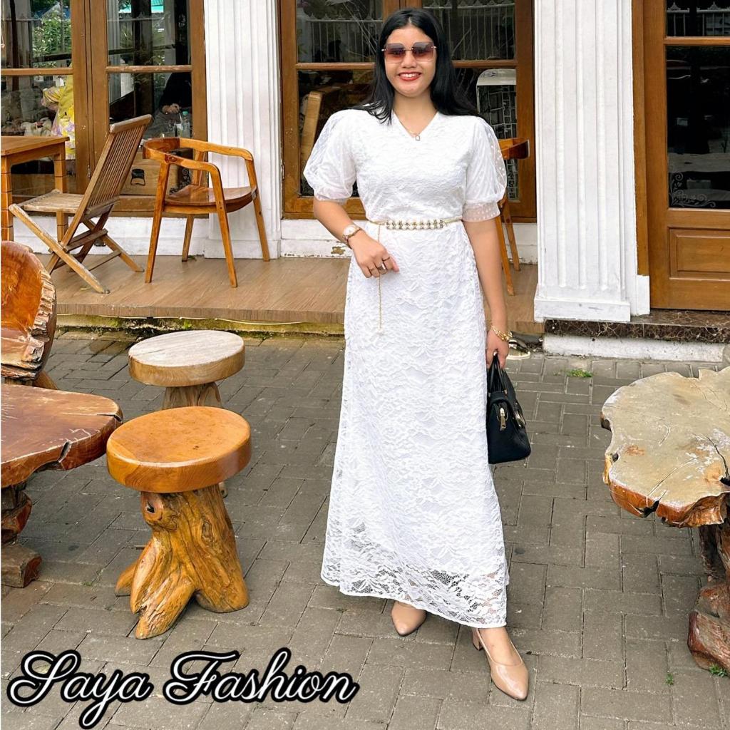 LongDress Brukat Polos Putih FREE Belt Gaun Panjang Pesta Mewah 20010