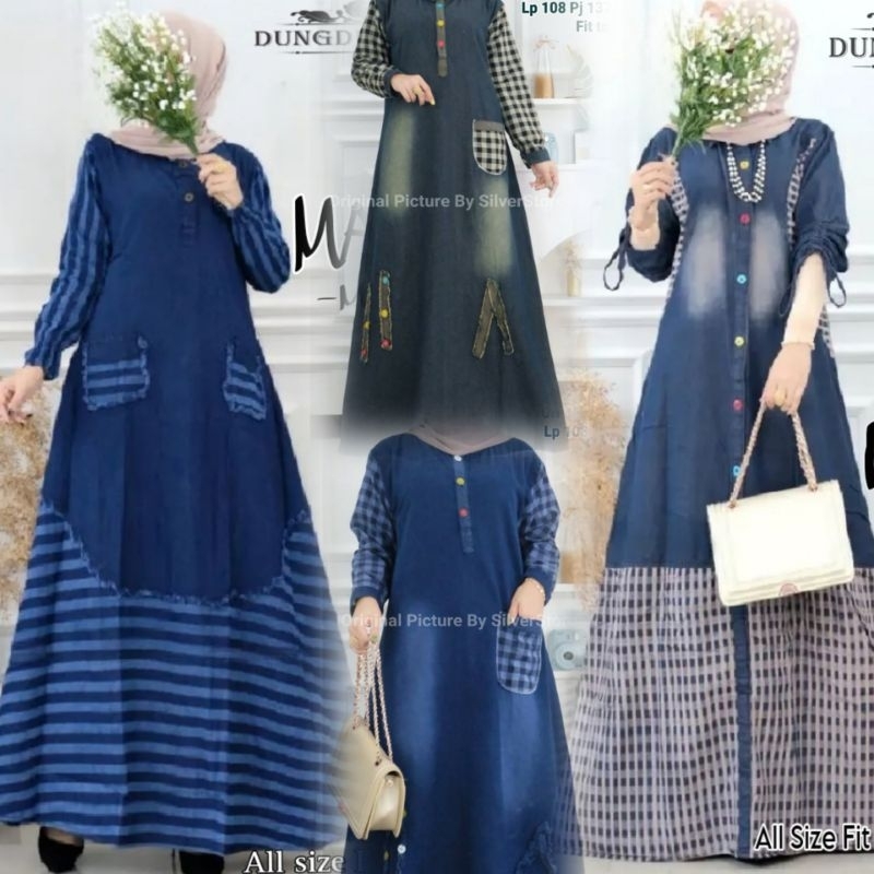 ORIANA Gamis JEANS Premium / Gamis LD 110 ,Dress Wanita JEANS Fashion Muslim  MOTIF KOTAK SALUR /  G